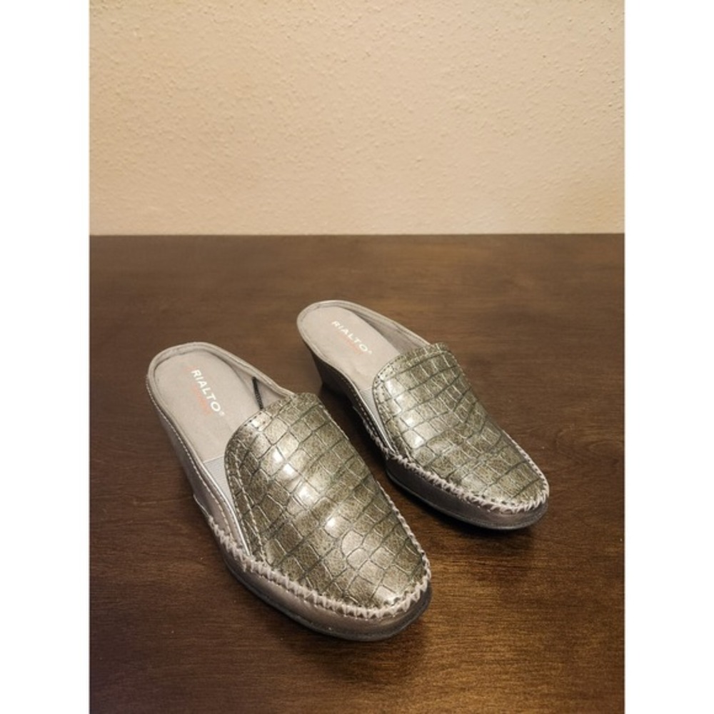 Rialto Comfort Metallic Crocodile Embossed Slip On Mules‎ Wedge Heels Women 8.5